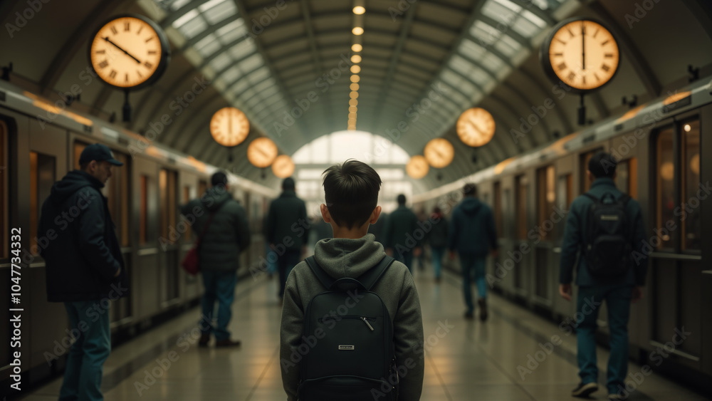 Eager Anticipation: A Young Boy at a Train Station with Clocks, Symbolizing the Excitement of Travel and Time