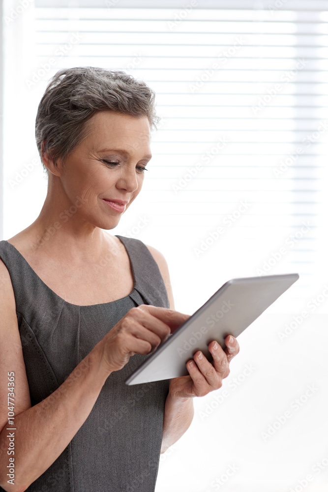 Scroll, tablet and mature business woman research, reading email or check update for ads in startup. Technology, happy manager or creative brand strategist with design, campaign review or portfolio Scroll, tablet and mature business woman research, reading email or check update for ads in startup. Technology, happy manager or creative brand strategist with design, campaign review or portfolio