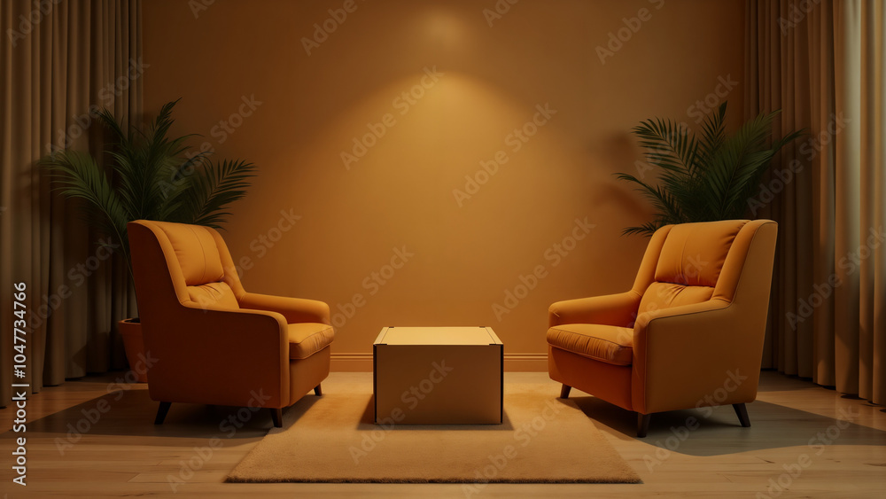 A Chic Lounge Area Featuring Innovative Chairs and a Cardboard Box Elevating Creative Interior Design A Chic Lounge Area Featuring Innovative Chairs and a Cardboard Box Elevating Creative Interior Design