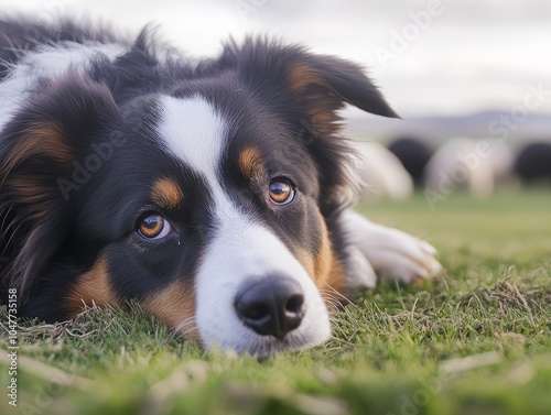 Border Collie lying in the grass, resting with sheep in the background. photo