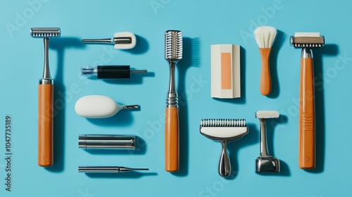 Flat lay of men's shaving accessories on a blue background