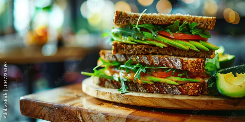 Healthy avocado sandwich displayed on a table, featuring catering and nutrition for restaurants and cafes, with a focus on cooking and diet in a culinary setting Healthy avocado sandwich displayed on a table, featuring catering and nutrition for restaurants and cafes, with a focus on cooking and diet in a culinary setting