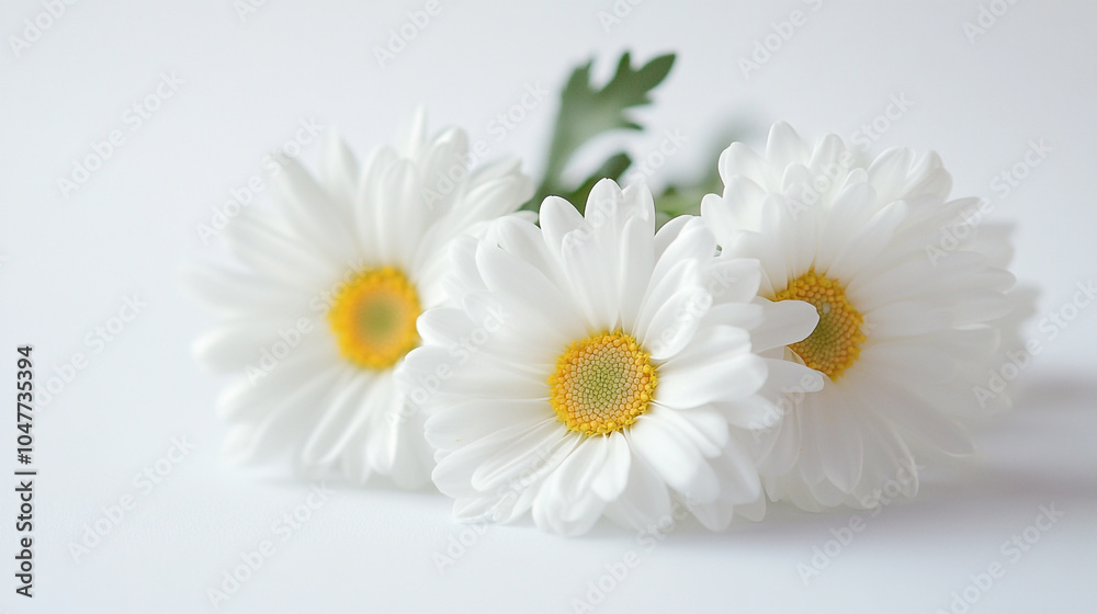 Obraz premium Three white daisies with yellow centers arranged on a light background for a serene look