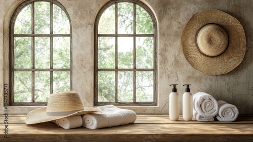 Towels and a straw hat arranged on a wooden tabletop with space for products, framed by arched windows. photo