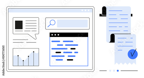 Several interface components like graphs, search bars, reports, and text on screens. Ideal for data analysis, information processing, business reports, digital documentation, and workflow