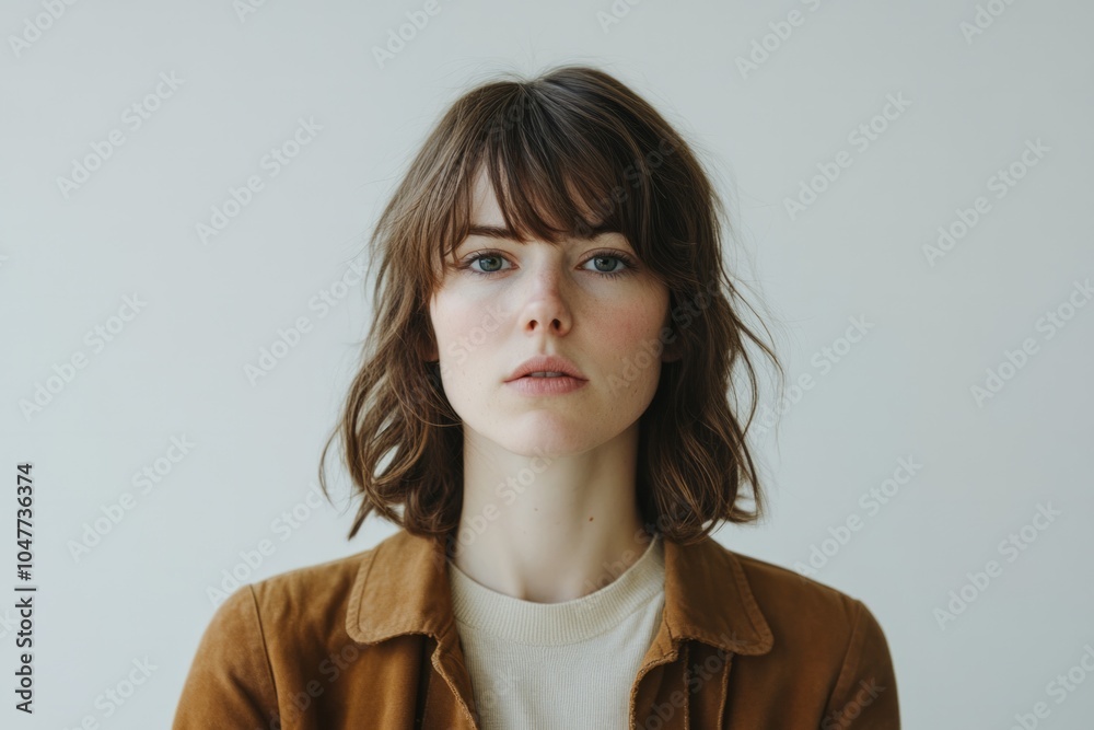 A woman looking straight to the camera white background A woman looking straight to the camera white background