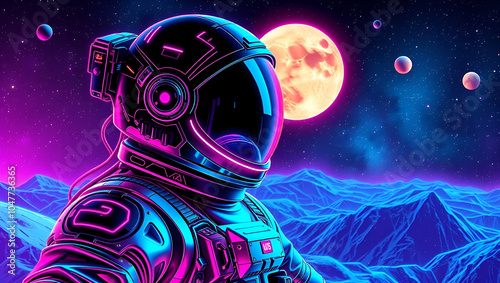 cosmic voyager neon astronaut exploring synthwave galaxy digital art photo