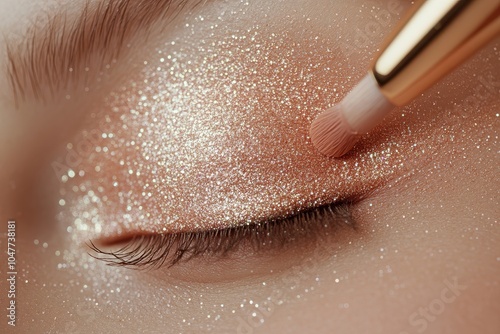 Close-up of glittery eye makeup application with soft brush on closed eyelid photo