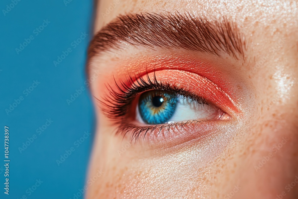 Fototapeta premium Vibrant blue eye with bold coral eyeshadow against a smooth blue background