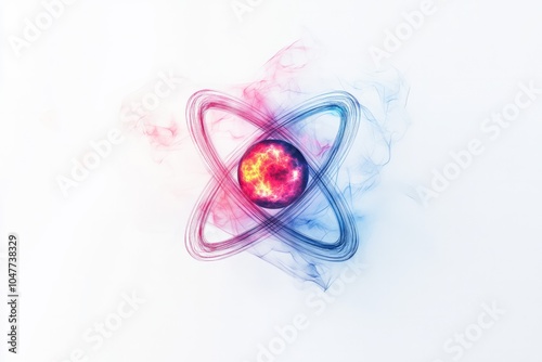 an atom with a very small neon glow inside, against a white background. photo