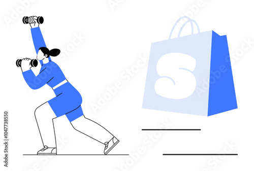 Woman lifting dumbbells in athletic attire next to a large shopping bag. Ideal for fitness, shopping, online commerce, healthy lifestyle, retail marketing. Minimalist vector style, blue and white
