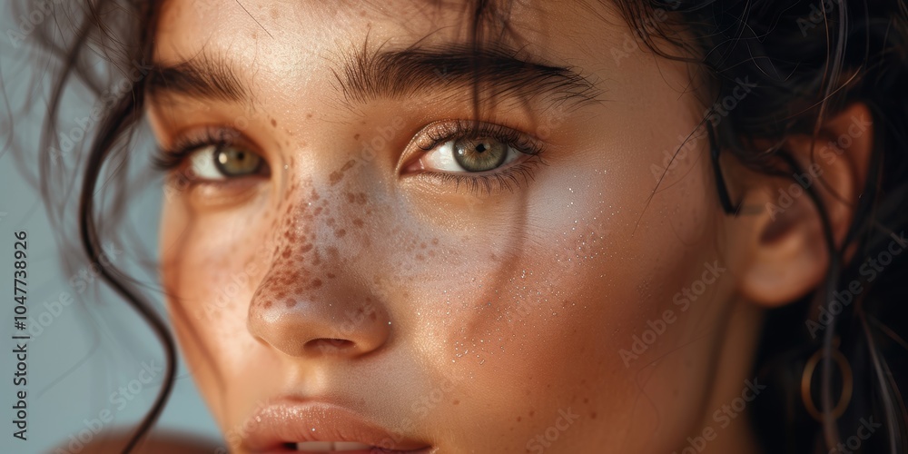 Skincare, hair care, and makeup for radiant skin featuring a youthful female model with a fresh face, promoting wellness and beauty in a serene studio setting