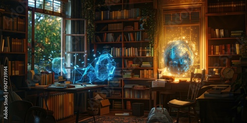 An AI entity as a holographic muse inspires a novelist in a cozy home office, projecting scenes and characters. Bookshelves and garden view in background. AIG60 photo