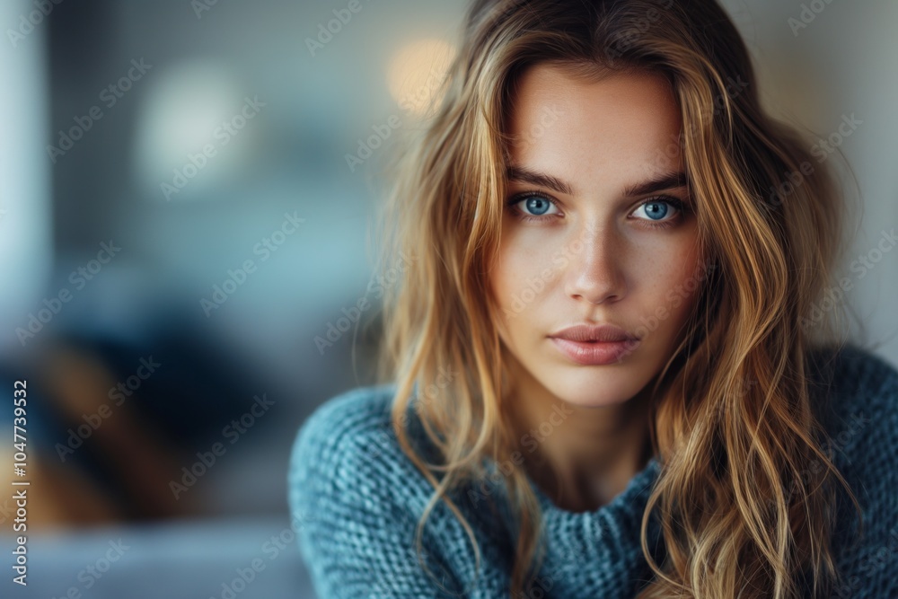 A young woman gazes intensely into the camera, her blue eyes piercing and thoughtful, framed by loose blonde hair. A young woman gazes intensely into the camera, her blue eyes piercing and thoughtful, framed by loose blonde hair.
