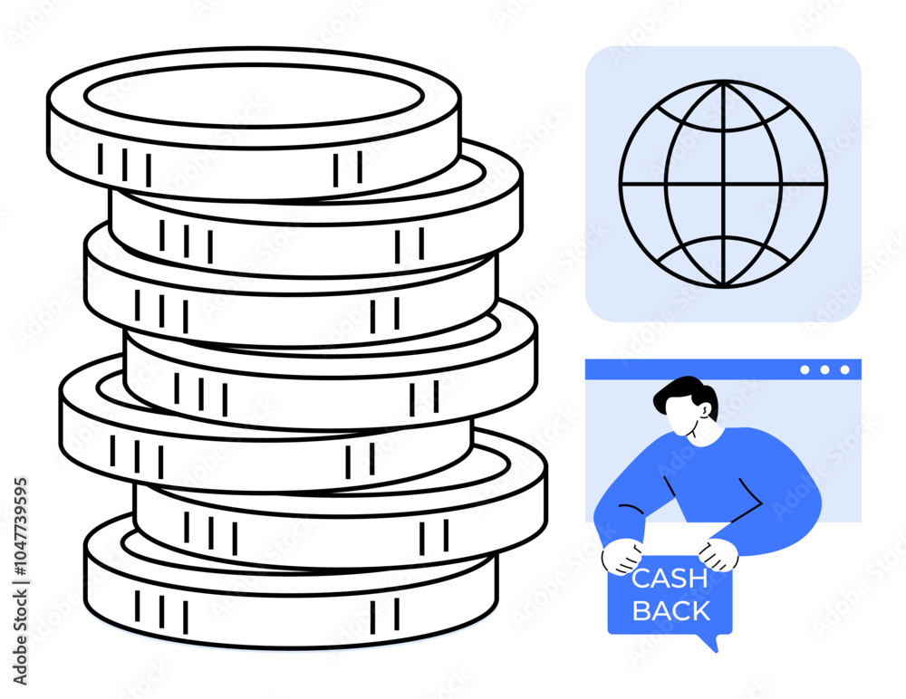Stack of coins represents financial earnings. Globe symbolizes global connectivity. Individual holding cash back indicates savings. Ideal for finance technology savings investment global-commerce Stack of coins represents financial earnings. Globe symbolizes global connectivity. Individual holding cash back indicates savings. Ideal for finance technology savings investment global-commerce