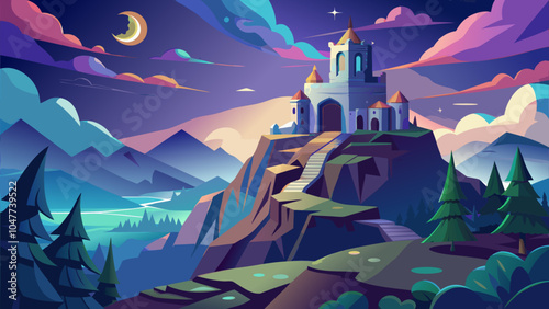 A majestic castle stands atop a rocky mountain surrounded by trees and vibrant clouds at twilight under a crescent moon