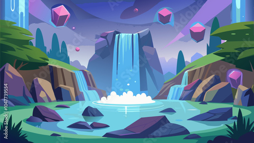 A vibrant fantasy landscape featuring a cascading waterfall surrounded by colorful crystals and lush greenery at twilight