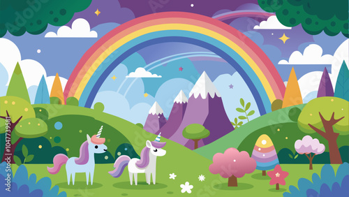 Colorful unicorns in a whimsical landscape with a vibrant rainbow and mountains under a bright blue sky