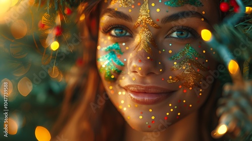 Close-up of a woman's face with festive glitter art and bokeh lights, embodying holiday cheer and creative expression.