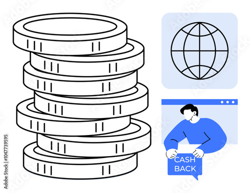 Stack of coins represents financial earnings. Globe symbolizes global connectivity. Individual holding cash back indicates savings. Ideal for finance technology savings investment global-commerce