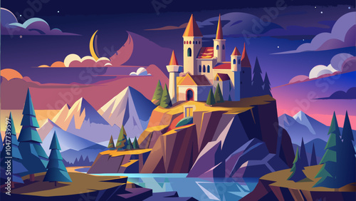 A vibrant castle standing majestically atop a rocky hill surrounded by mountains and forests during a colorful twilight
