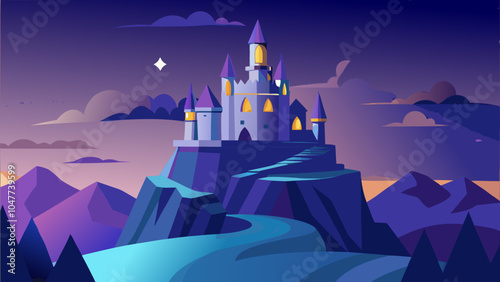 A mystical castle atop a mountain with twilight sky and distant mountains in a vibrant fantasy landscape