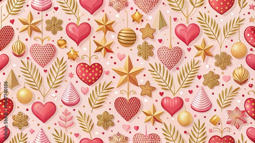 Naklejka premium Festive Christmas pattern with hearts and ornaments. Wrapping paper, gift paper, wrapping paper design