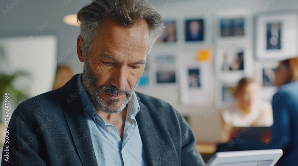 A professional using a digital tablet in a modern workspace. An executive engaging in online work for web and app design A professional using a digital tablet in a modern workspace. An executive engaging in online work for web and app design
