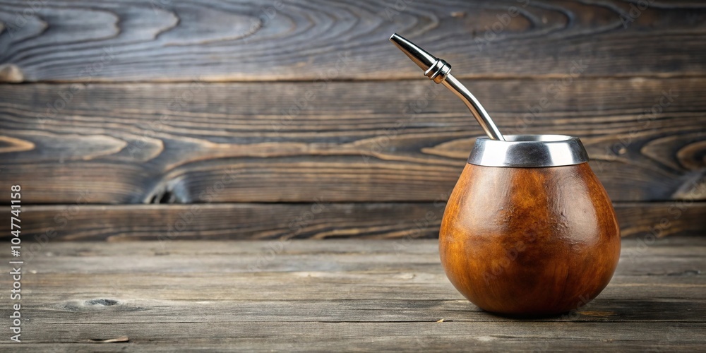 Symmetrical clay mate calabash with bombilla on wooden background Symmetrical clay mate calabash with bombilla on wooden background
