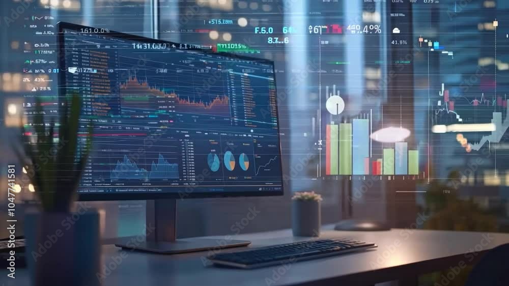 Modern computer workstation displaying real-time financial data analytics at night in a city office environment Modern computer workstation displaying real-time financial data analytics at night in a city office environment