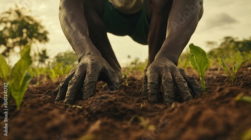 A farmer's hands gently working the soil around young plants in a field.