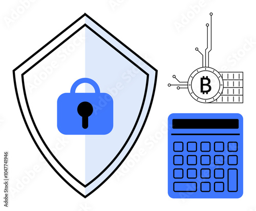 A lock on a shield symbolizing security, a Bitcoin logo representing cryptocurrency, and a calculator for financial management. Ideal for cybersecurity, blockchain tech, fintech, crypto-trading