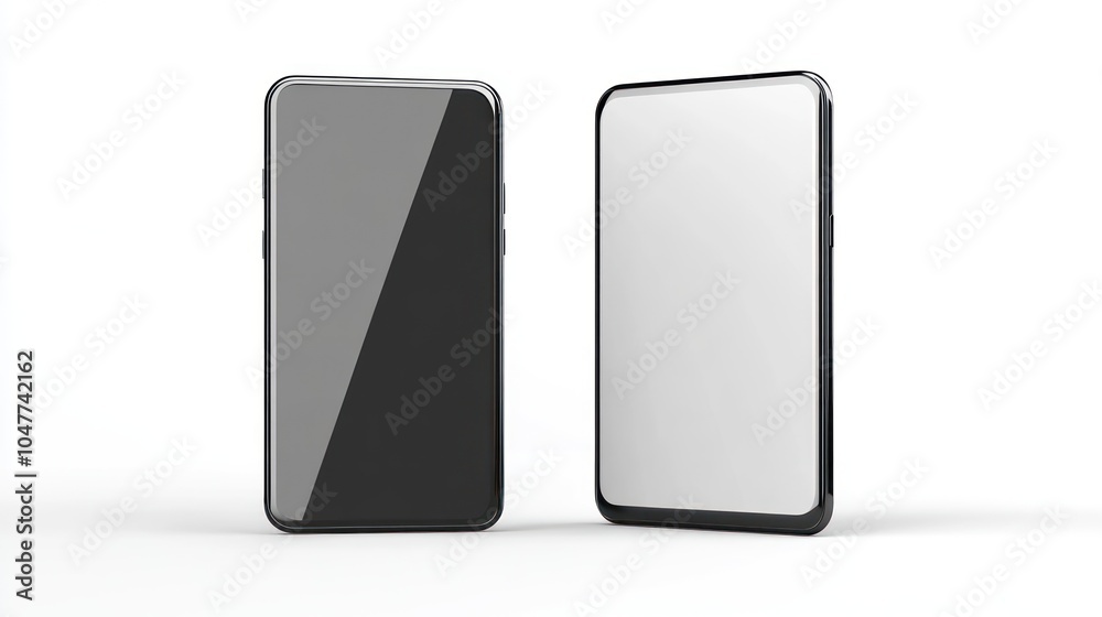 Two Black Smartphones, One With White Screen, on a White Background Two Black Smartphones, One With White Screen, on a White Background