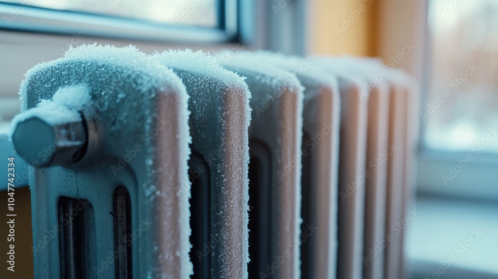 Frost-covered radiator near a window in a chilly room, AI Frost-covered radiator near a window in a chilly room, AI