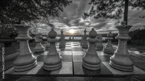 A chessboard with white pieces set up on a lakeside patio at sunset. photo