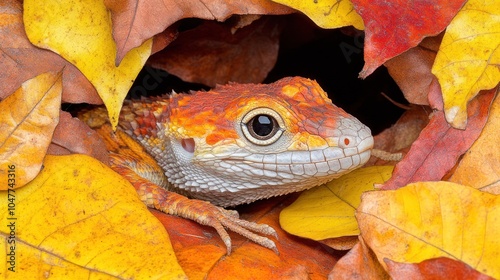 A close-up of a lizard's head peeking out from a pile of colorful autumn leaves. photo