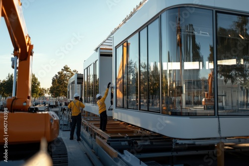 Wallpaper Mural Two construction workers in safety gear oversee the assembly of modern modular buildings, highlighting cutting-edge techniques in construction and architecture. Torontodigital.ca
