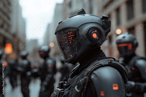 Armored robots in a high-tech urban setting, their sleek design highlighting the fusion of technology and security in a modern, futuristic environment.