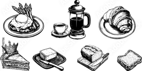Vector illustration of a breakfast set featuring a French press, poached egg pain perdu, cake and asparagus.