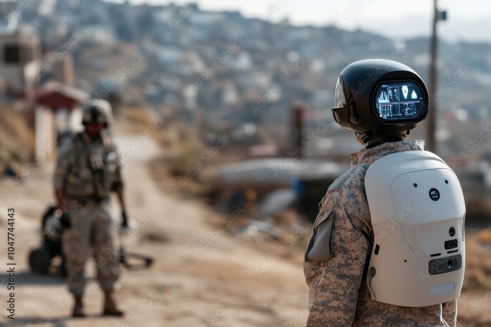 A robot soldier stands in military attire on a dirt road, observing a distant arid landscape, indicating surveillance and futuristic warfare technology. A robot soldier stands in military attire on a dirt road, observing a distant arid landscape, indicating surveillance and futuristic warfare technology.
