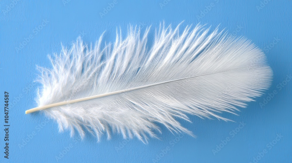 Fototapeta premium A single white feather lies on a blue background.