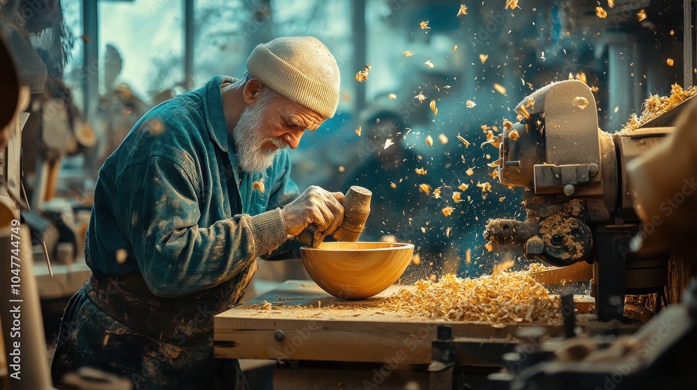 A skilled artisan working at a lathe, shaping a block of wood into a beautiful bowl, with wood shavings flying around, capturing the essence of craftsmanship. A skilled artisan working at a lathe, shaping a block of wood into a beautiful bowl, with wood shavings flying around, capturing the essence of craftsmanship.