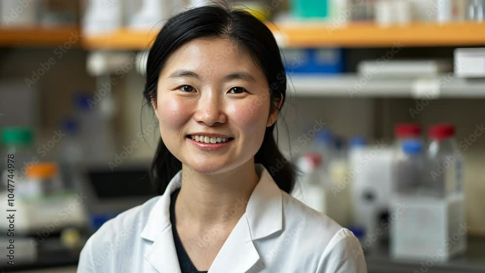 A woman smiles in a lab, wearing a white coat, while working in a research facility A woman smiles in a lab, wearing a white coat, while working in a research facility