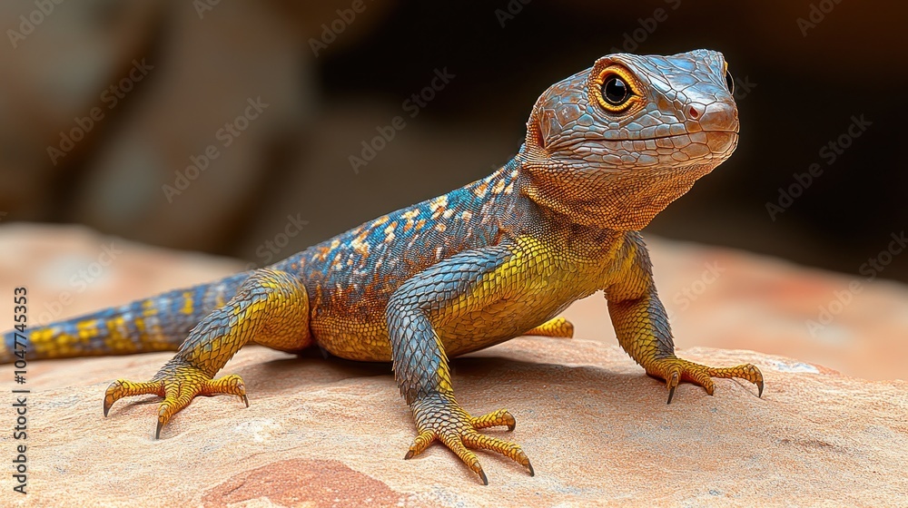 Fototapeta premium A colorful lizard with blue and yellow scales perched on a rock.