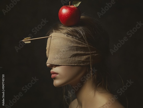 A blindfolded woman stands still with an apple on her head, symbolizing challenge and trust.