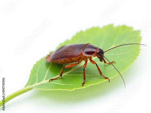 bug sit on a green leaf isolated on white background