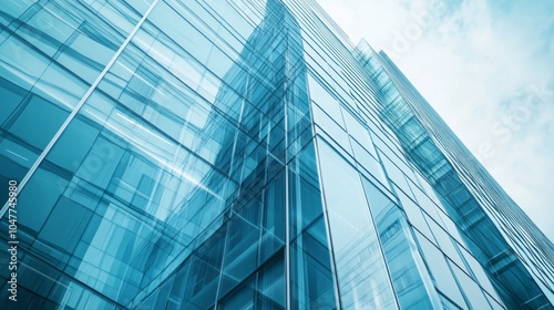 A tall building with many windows and a clear blue sky in the background