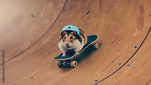 Hamster on skateboard with helmet on wooden ramp, warm light photo