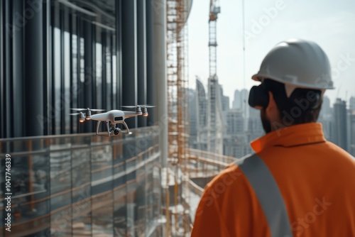 An architect uses protective gear to guide a drone on a development site with cranes and skyscrapers, emphasizing advanced construction techniques and innovation.