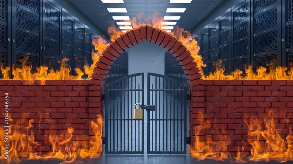 Fototapeta premium Red brick firewall with gate and padlock around computer network